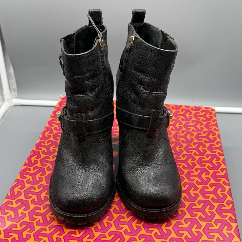 Tory Burch Landers Bootie Black Leather Studded Ankle Boots Chunky Heel Size 7